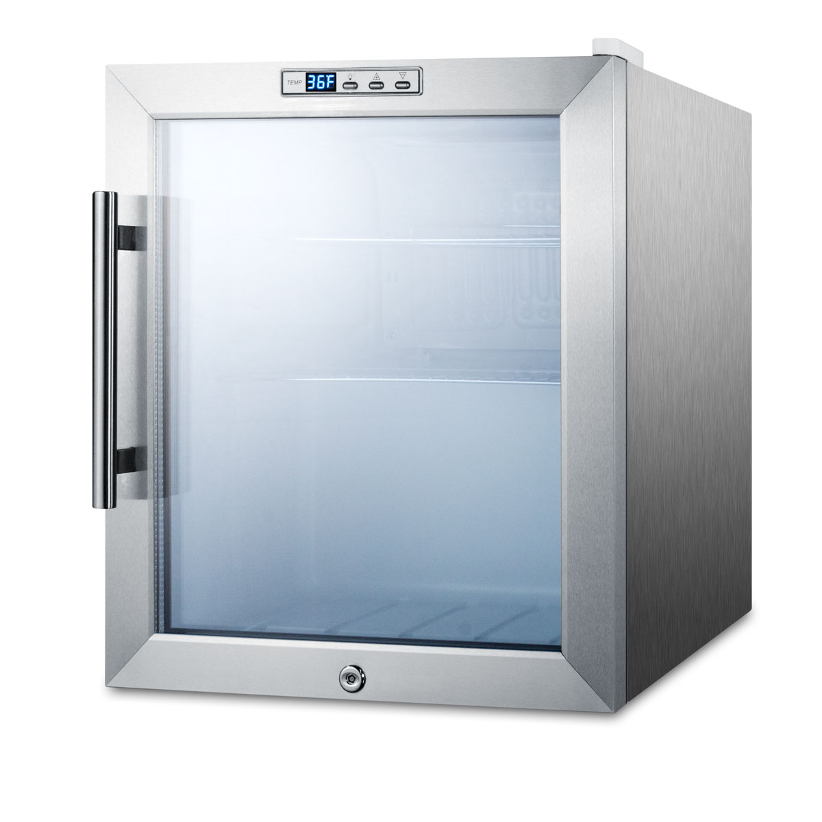 Commercially approved glass door refrigerator with digital thermostat and stainless steel wrapped cabinet